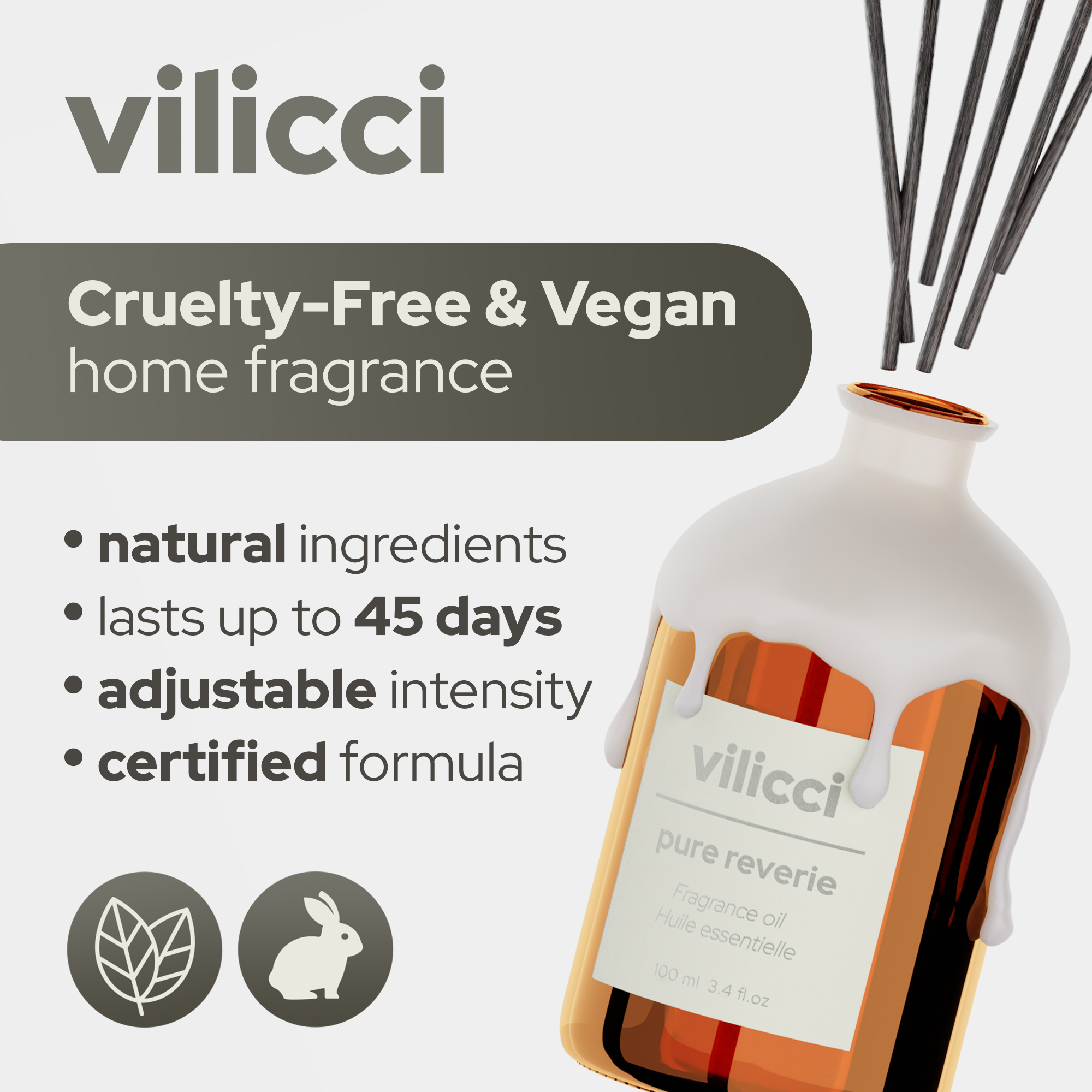 Vilicci Pure Reverie home fragrance featuring natural ingredients, certified formula, cruelty-free and vegan values, and adjustable scent intensity